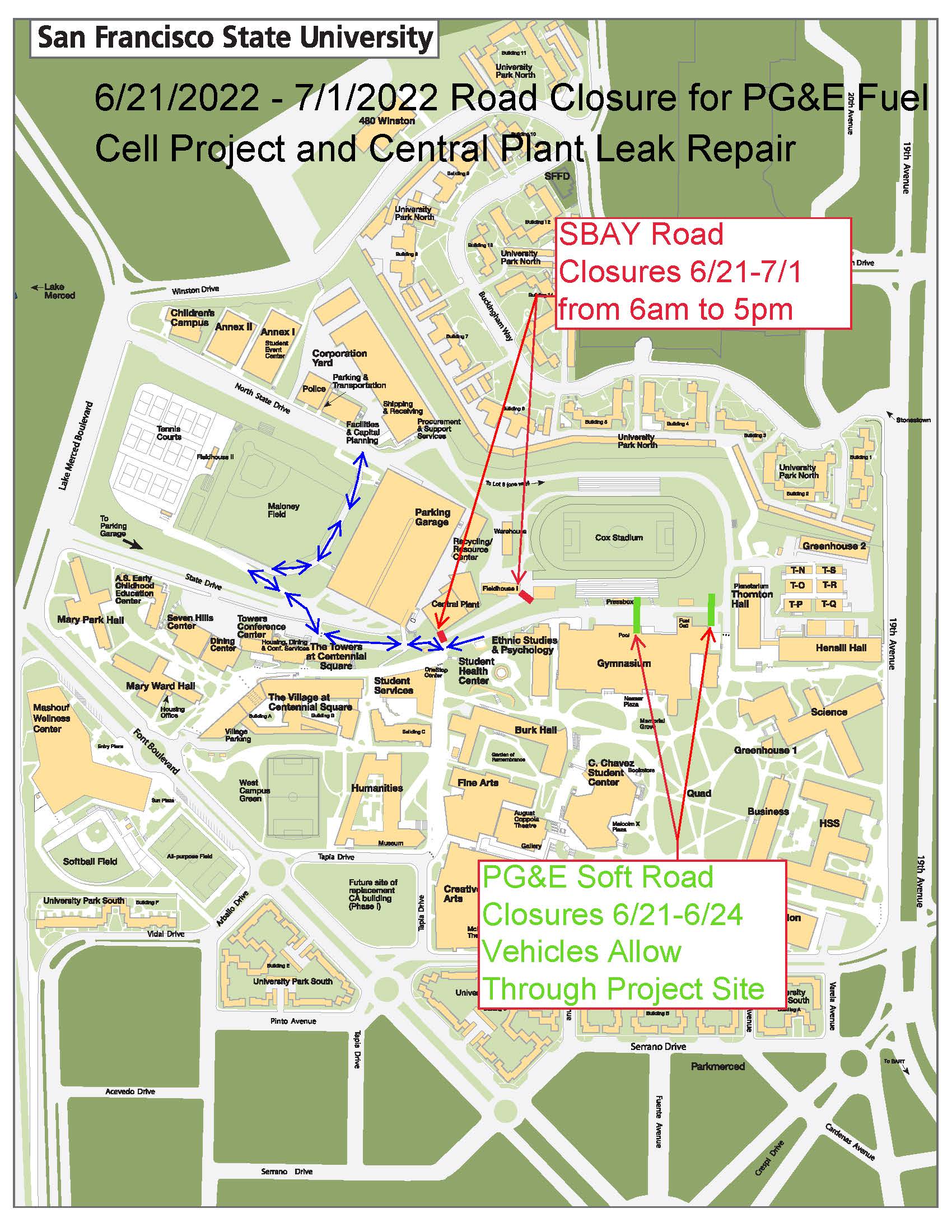 As an alternate route back to the Corporation Yard, staff can use the Maloney Field road located between Maloney Field and the west side of the Campus Parking Garage