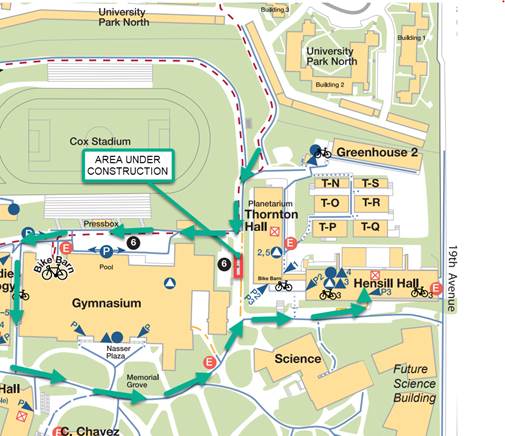 Detour showing a campus map. Take the path at TH near Lot 6.