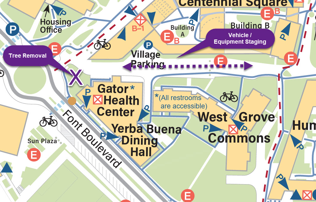 Map showing Gator Health Center tree removal near Font and Housing Business Office. Vehicle staging near West Grove Commons and Village Centennial Square.