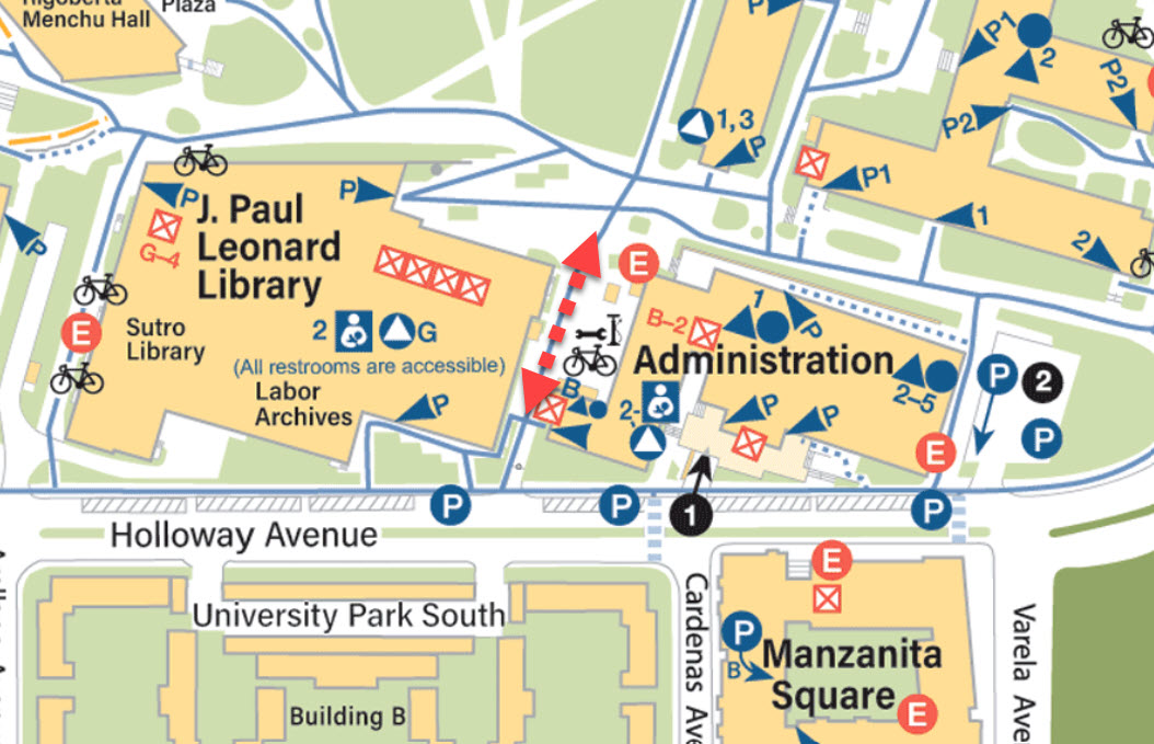 Location of where moving truck will be parked, between Library and Old Administration