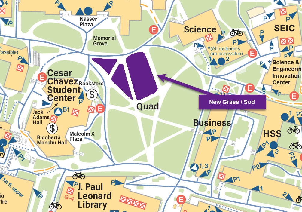 Map showing the Quad where the new sod is installed. Between CCSC, LIB, BUS, and SCI. Near Memorial Grove