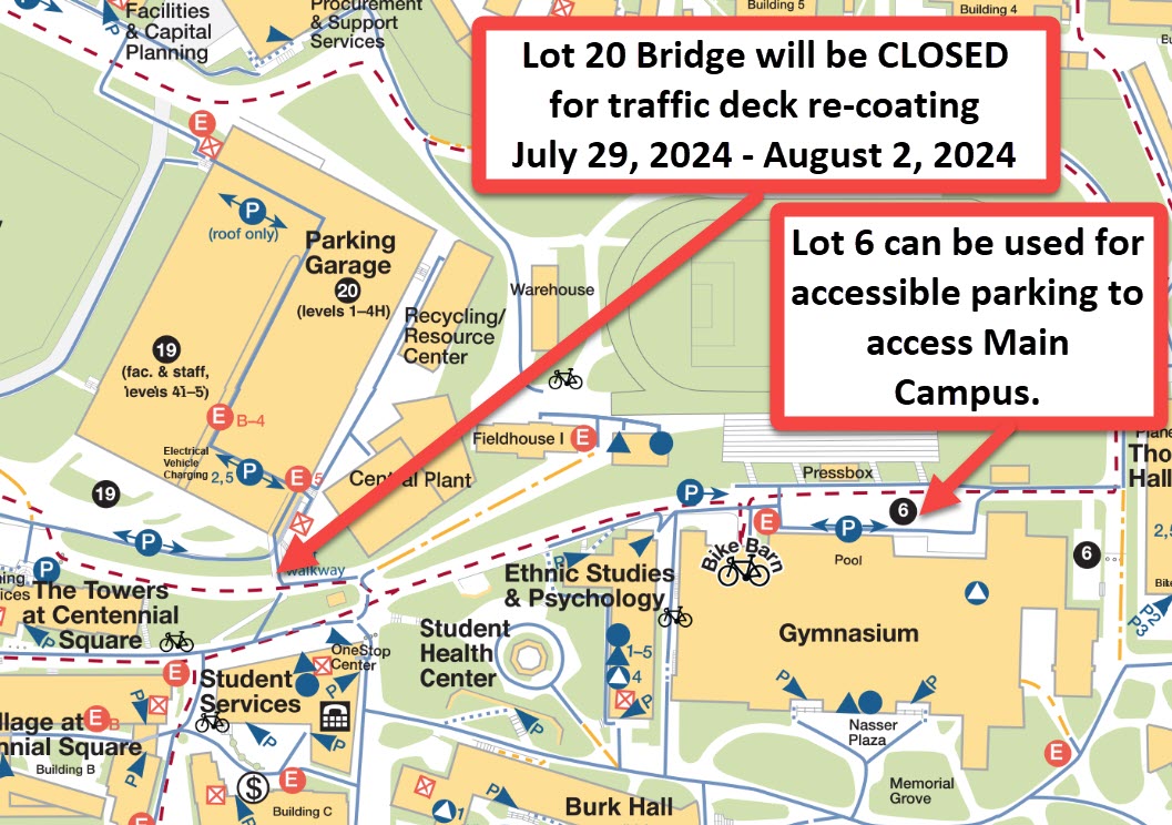 Map showing the Lot 20 Bridge leading to Main Campus towards SSB. Also shown is Lot 6 in front of the GYM and Pressbox can be used for accessible parking.