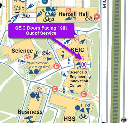 Map showing SEIC doors facing 19th Street Out of Service