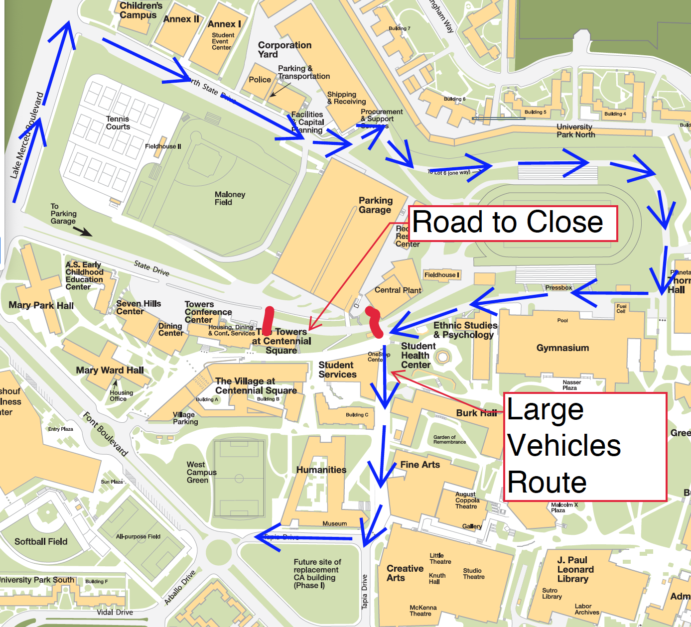 Campus map showing alt route via the North State Drive back road towards Tapia St