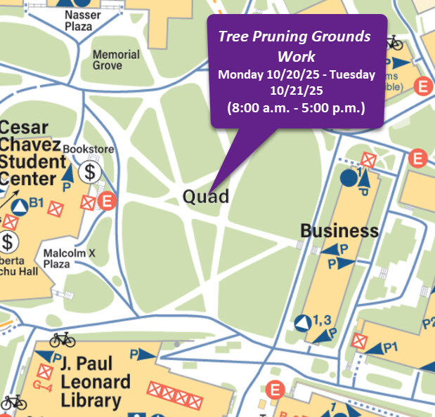 Map showing the Quad.  Tree pruning work in the center of the quad. October 20 - October 21 from 8:00 am - 5:00 pm